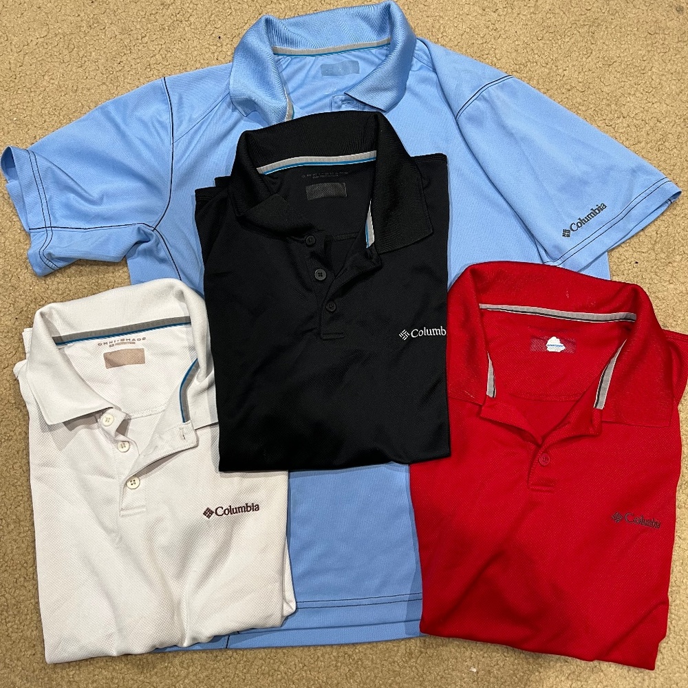 Lot of 4 Men’s Columbia Omni-Shade sun protection UPF 30 polo collared shirts